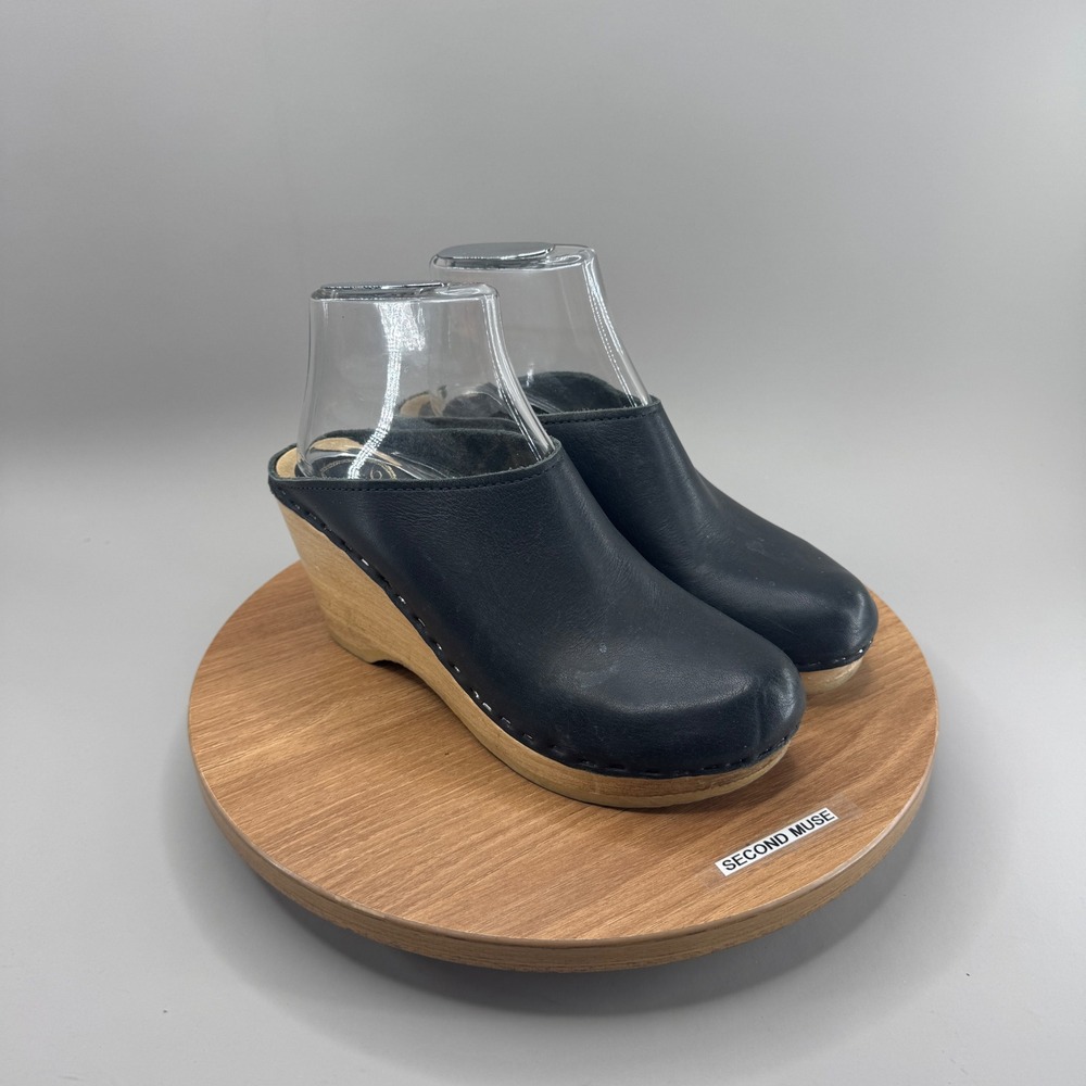 No.6 Black Leather Wedge Clogs Size 37 Wooden Platform Mules Bohemian Retro